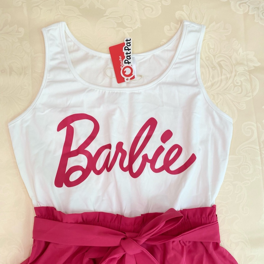 Women Barbie Letter Print Belted Combo Tank Hot Pink Rompers - Picture 2 of 9